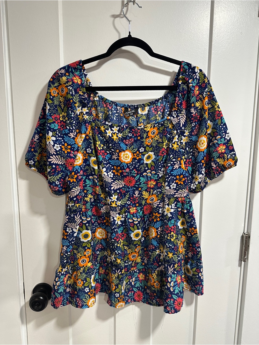 BloomChic Navy Floral Blouse with Multicolor Bloom